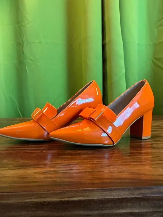 Retro Orange Bowknot Chunky Block Heels, Pointed Toe Velma Loafer - Picture 6 of 6